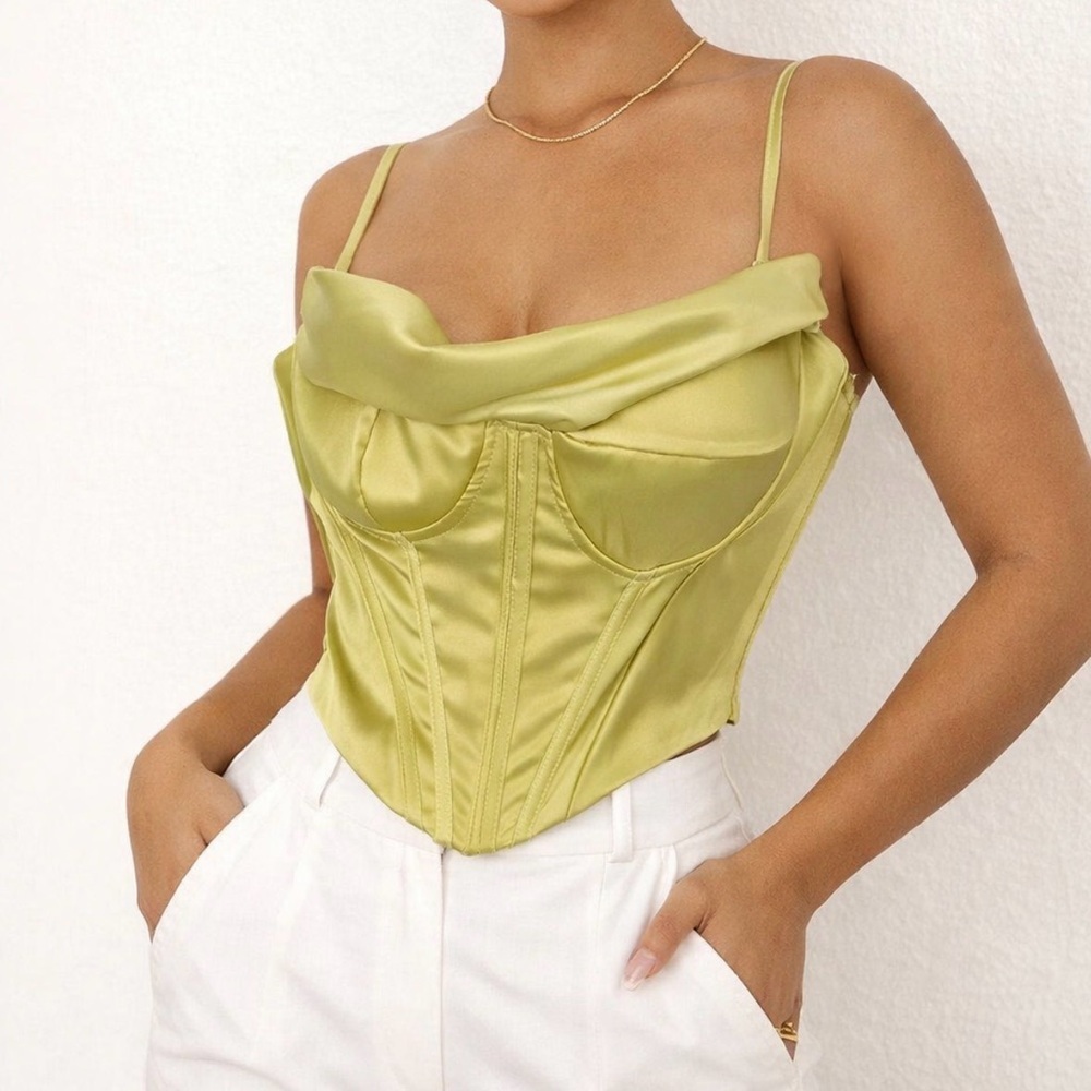 Satin Cowl Neck Corset Top in Light Green